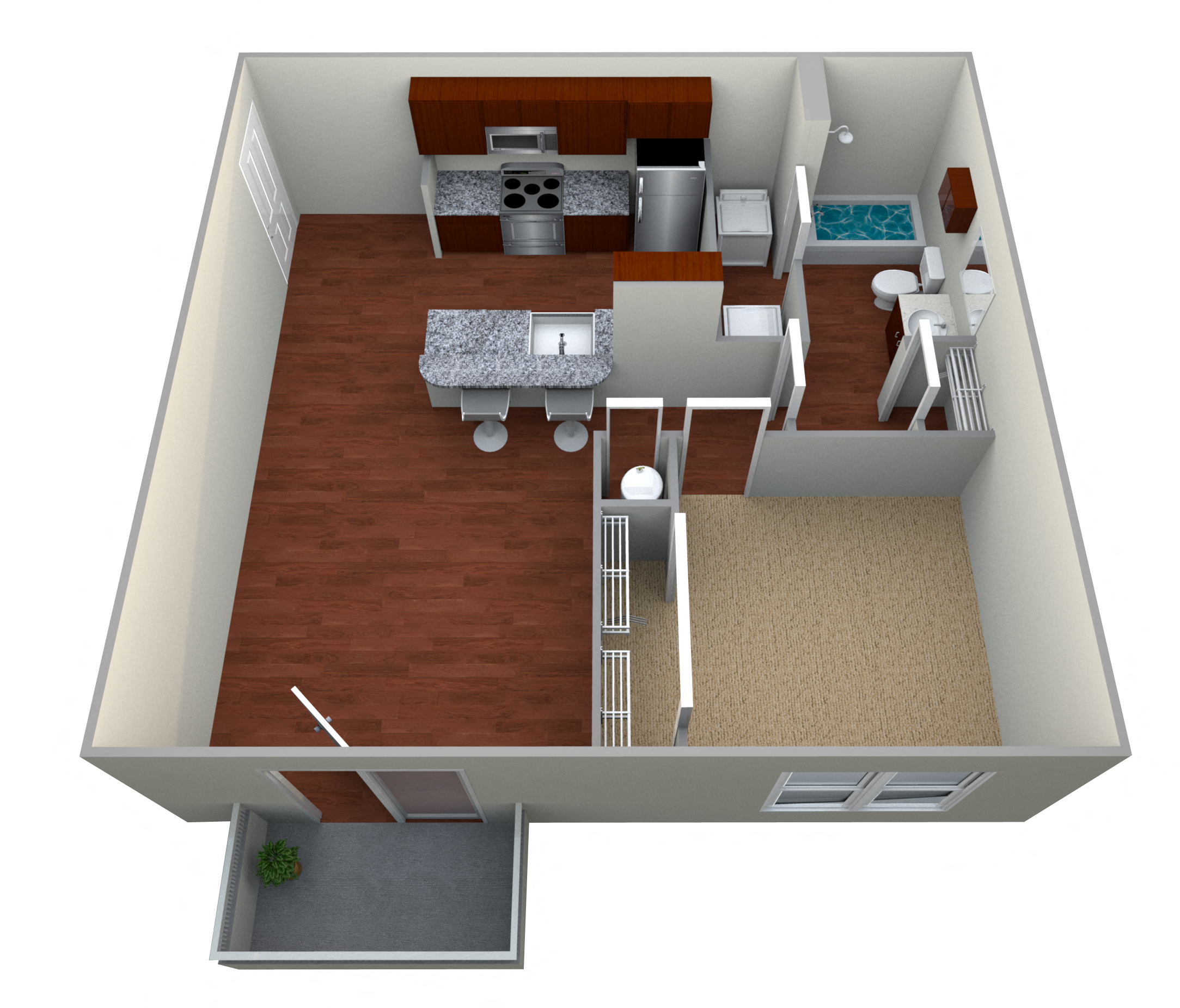 Floor plan for 1 bed, 1 bath, 667 sqft